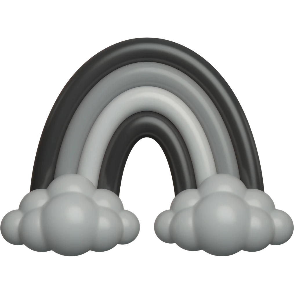 Rainbow emoji but entirely grayscale, with black clouds on both ends of the rainbow emoji