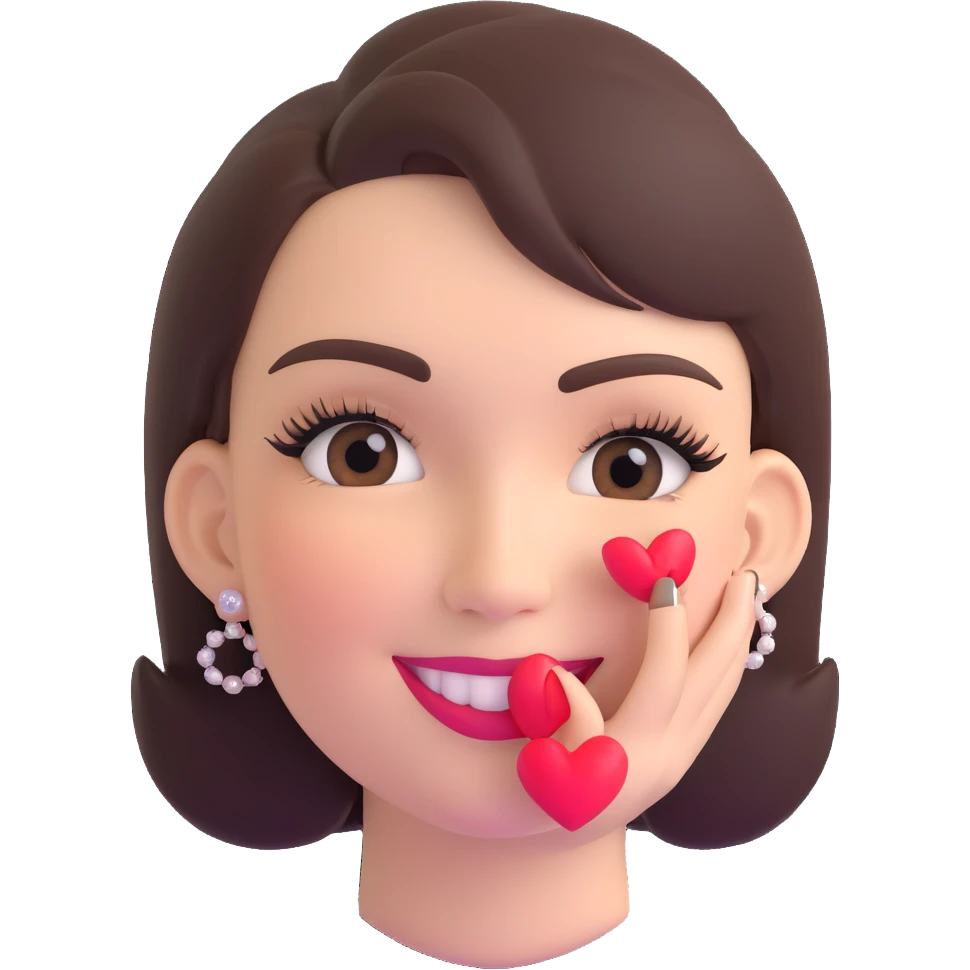 3D emoji of a smiling, feminine face with big eyelashes, no body, colorful and friendly, romantic style, with feminine accessories, motif: kiss mark, transparent background emoji