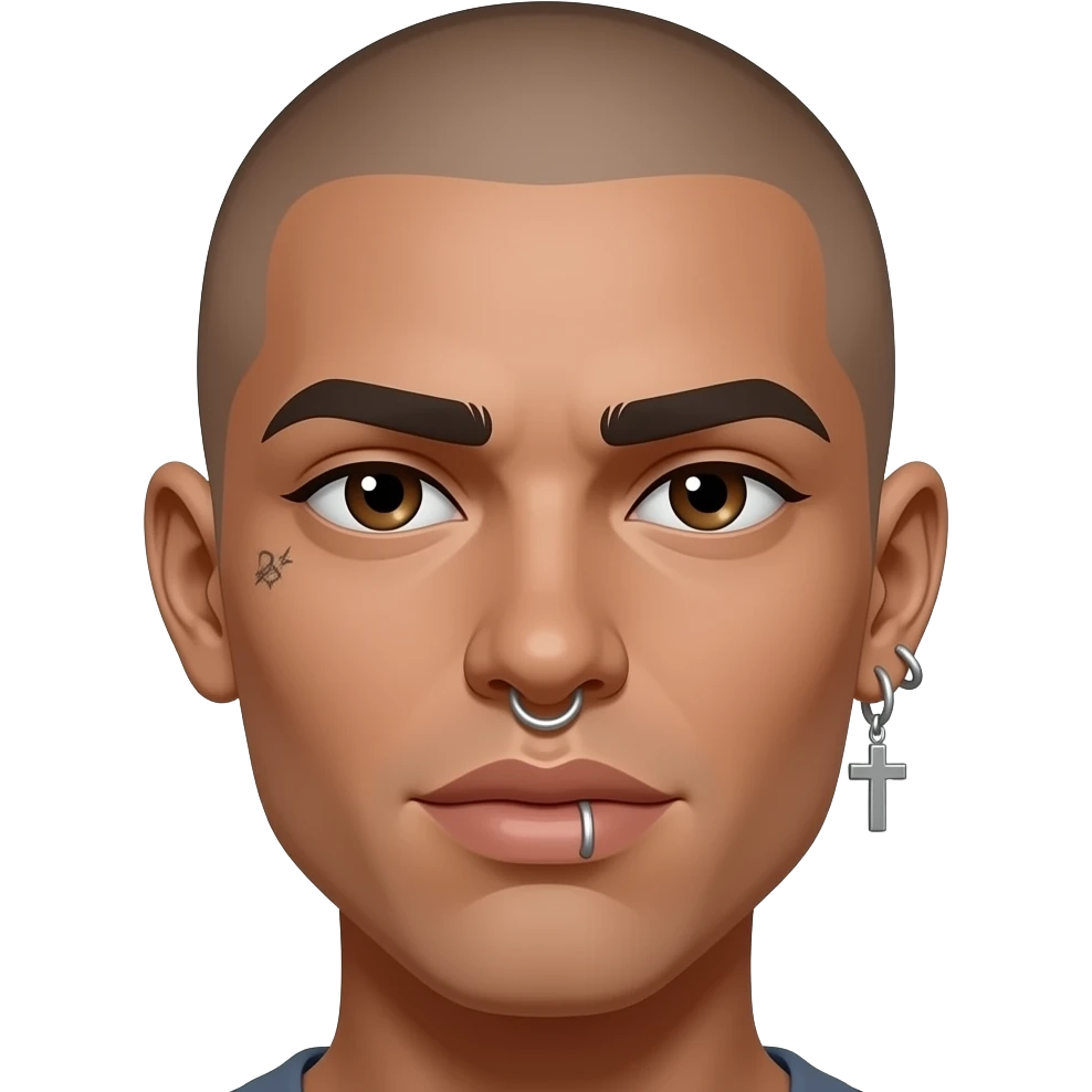 •	Un piercing en la nariz (tipo aro).
	•	Un piercing en el labio inferior.
	•	Varias marcas o tatuajes pequeños: una.
	•	Cejas gruesas y oscuras que refuerzan la
	•	Aretes brillantes en ambas orejas.
	•	Un arete en forma de cruz colgando en emoji