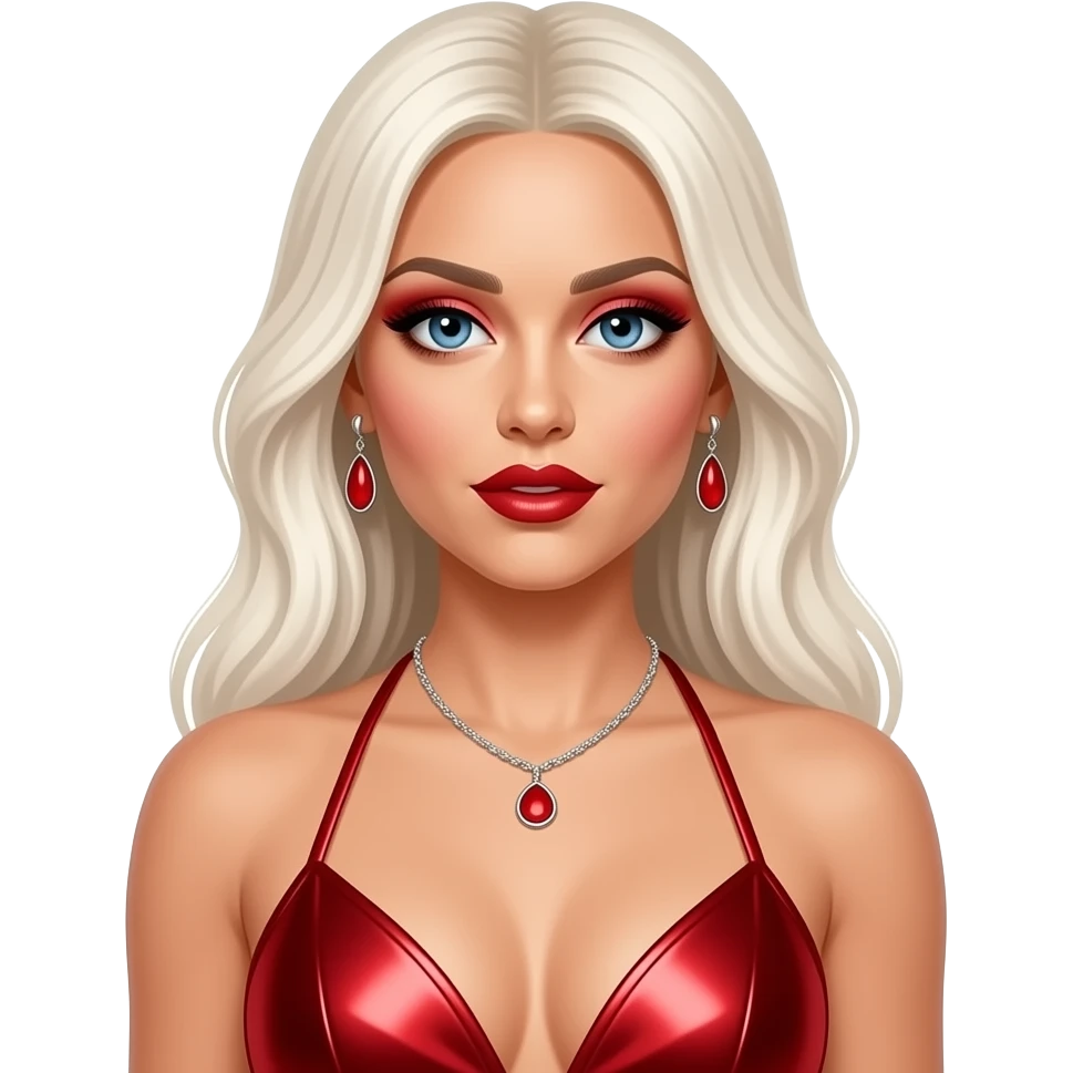 Christina Aguilera with blue eyes, long white blonde hair, red eyeshadow and lipstick, red metallic halter dress, necklace and earrings emoji