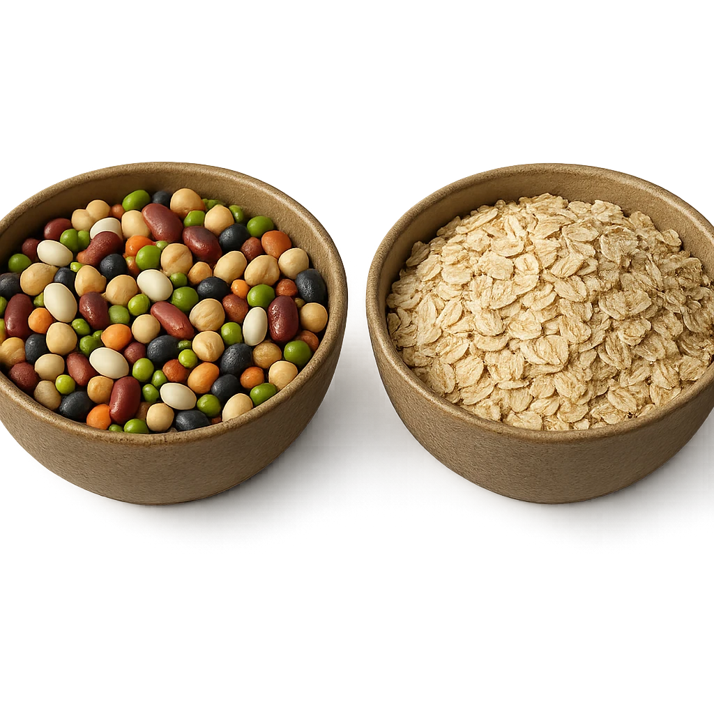 BOWL DI LEGUMI INSIEME A BOWL DI FIOCCHI DI AVENA POGGIATE,  iperrealistico 4k emoji