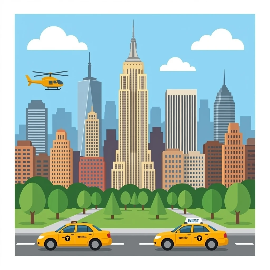 New York city Skyline. With a Park, Taxis, Helicopers, everything. with more space between the buildings emoji