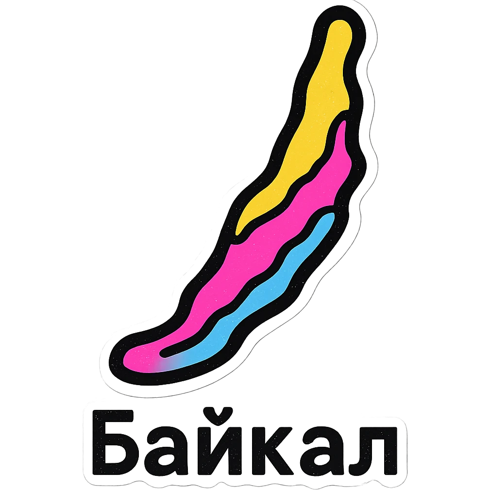 minimalistic sticker design featuring the clean, recognizable silhouette of Lake Baikal centered with clear black outlines and simple contrasting colors for high visibility, text 'Байкал' in modern sans-serif font below the silhouette emoji