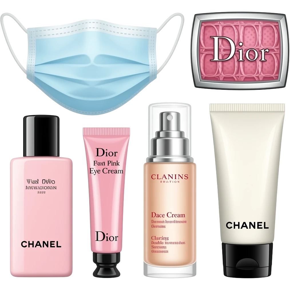 Next to them are a face mask, Chanel Pink Lotion, Dior Pink Eye Cream, Dior Face Cream, Clarins Double Serum, and Chanel Cleanser emoji