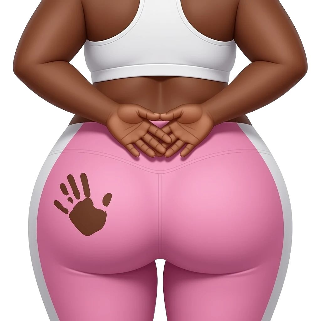 A extremely fat pink and white big booty African showing her yoga pants back her buttocks with putting her hands behind the wall with a brown colored hand print on her left buttocks emoji