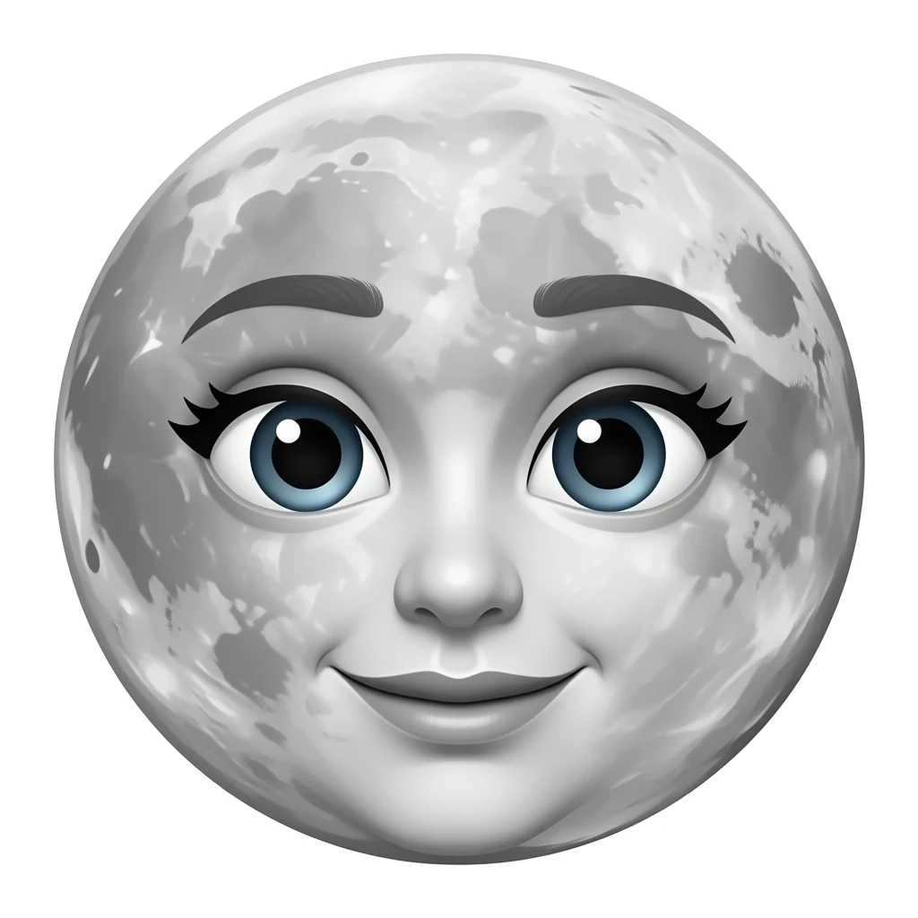 planet Moon with a cartoon kind face with feminine eyes and round craters for the moon emoji