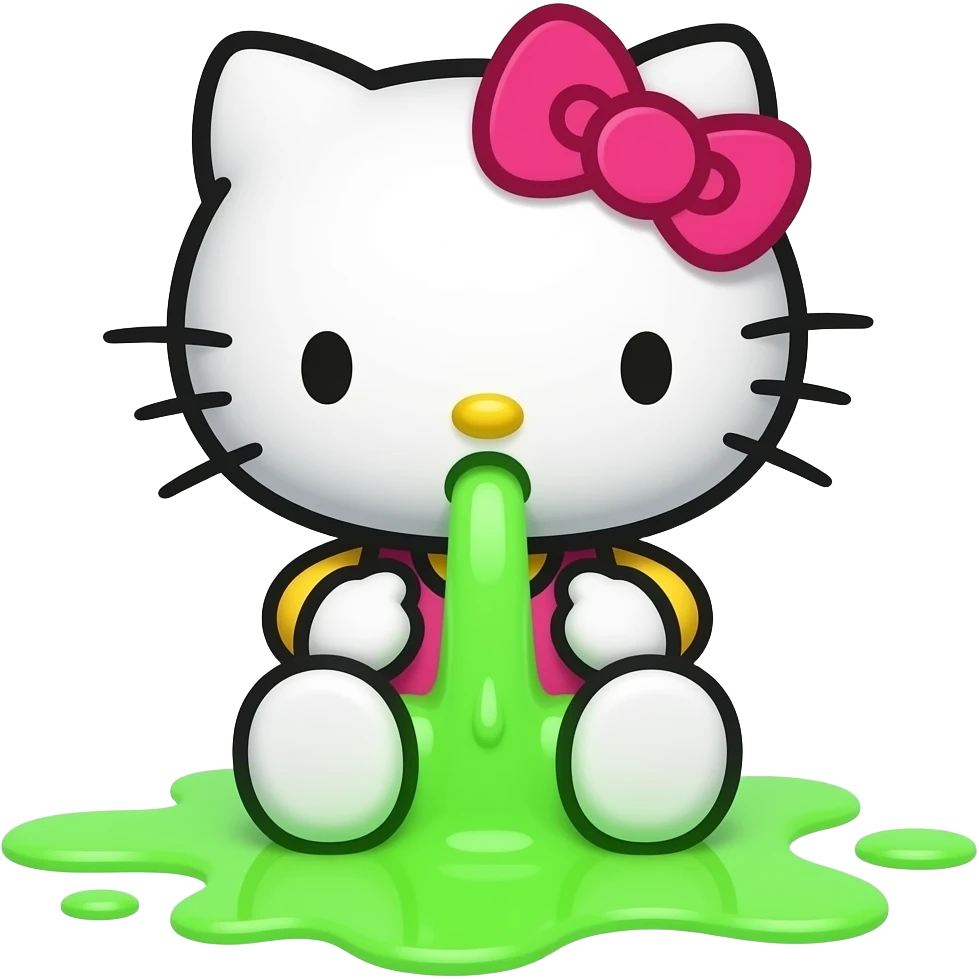 hello kitty is vomiting neon green like niagara emoji