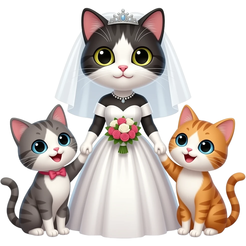 one bride cat with two happy female cats celebrating emoji