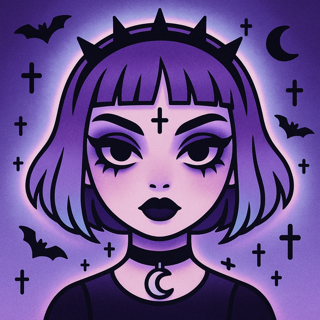 Make this pastel goth profile picture even more goth, keep it cute, expressive, and minimal, in the style of imagen-4-fast-KaUtLiSA10F. Enhance the goth elements while maintaining the pastel goth aesthetic, cute and expressive minimal style. emoji