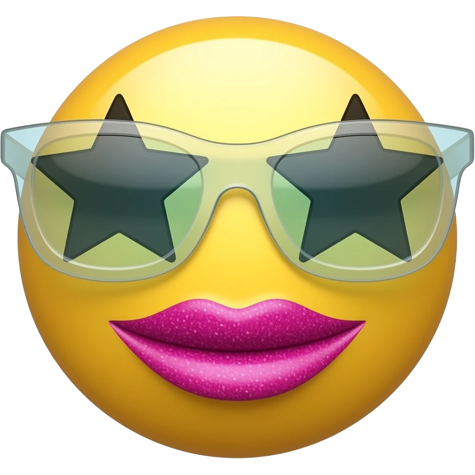 smiley face emoji with star see through sunglasses and bright pink sparkley lips emoji