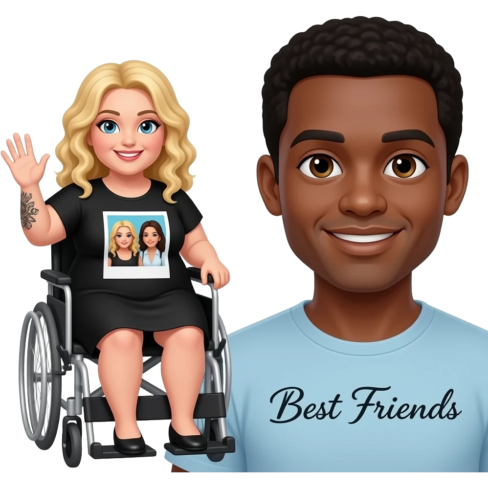 Plus size women waving in wheelchair Blonde curly hair blue eyes black tattoos a black summer dress with a Polaroid photo on dress of herself with best friend  a African American man black hair brown eyes no facial hair saying “Best Friends” in cursive writing emoji
