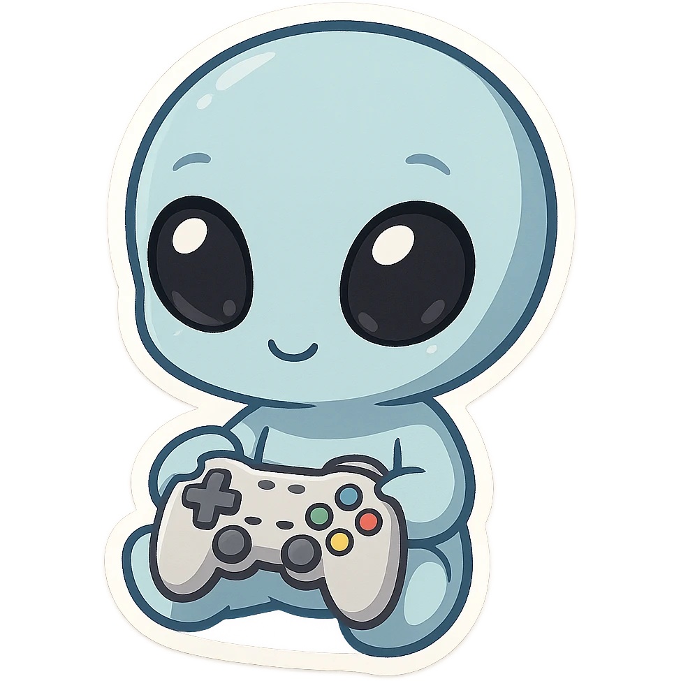 a little blue alien with gouty eyes holding a video game controller  emoji
