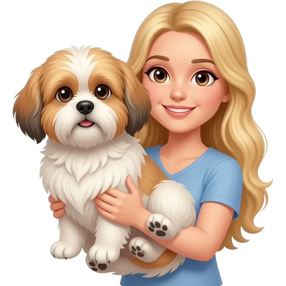 lhasa apso male dog being held by a blonde woman with brown eyes emoji