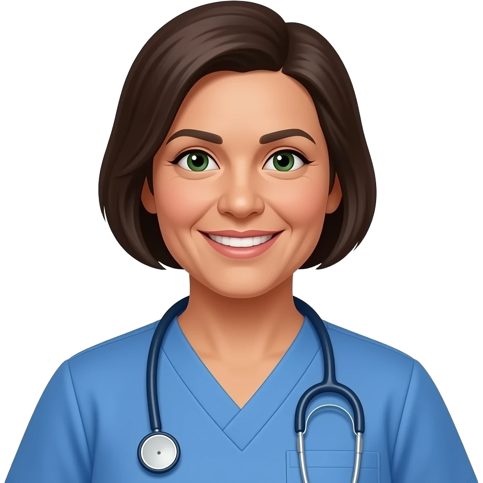 456yr female nurse instructor, dark green eyes, Hispanic, thin eyebrows, mid size lips, pixie hair cut with a shaved side, 180 pounds, smiling, small nose, wearing blue nurse scrubs, wears a stethoscope, brown hair with almost no white. emoji
