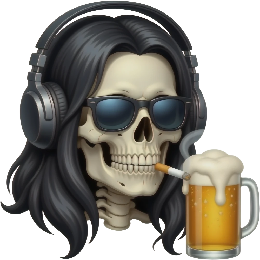Skull with dark long hair and headphones and sunglasses smoking a cigarette and drinking a beer emoji