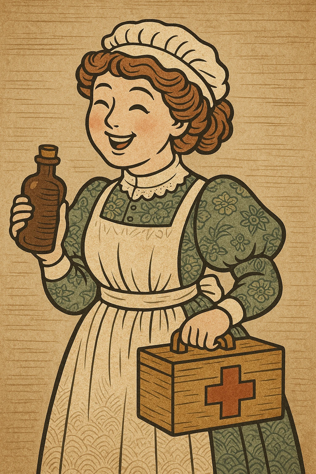 a cheerful Victorian nurse holding medical supplies, ukiyo-e style emoji