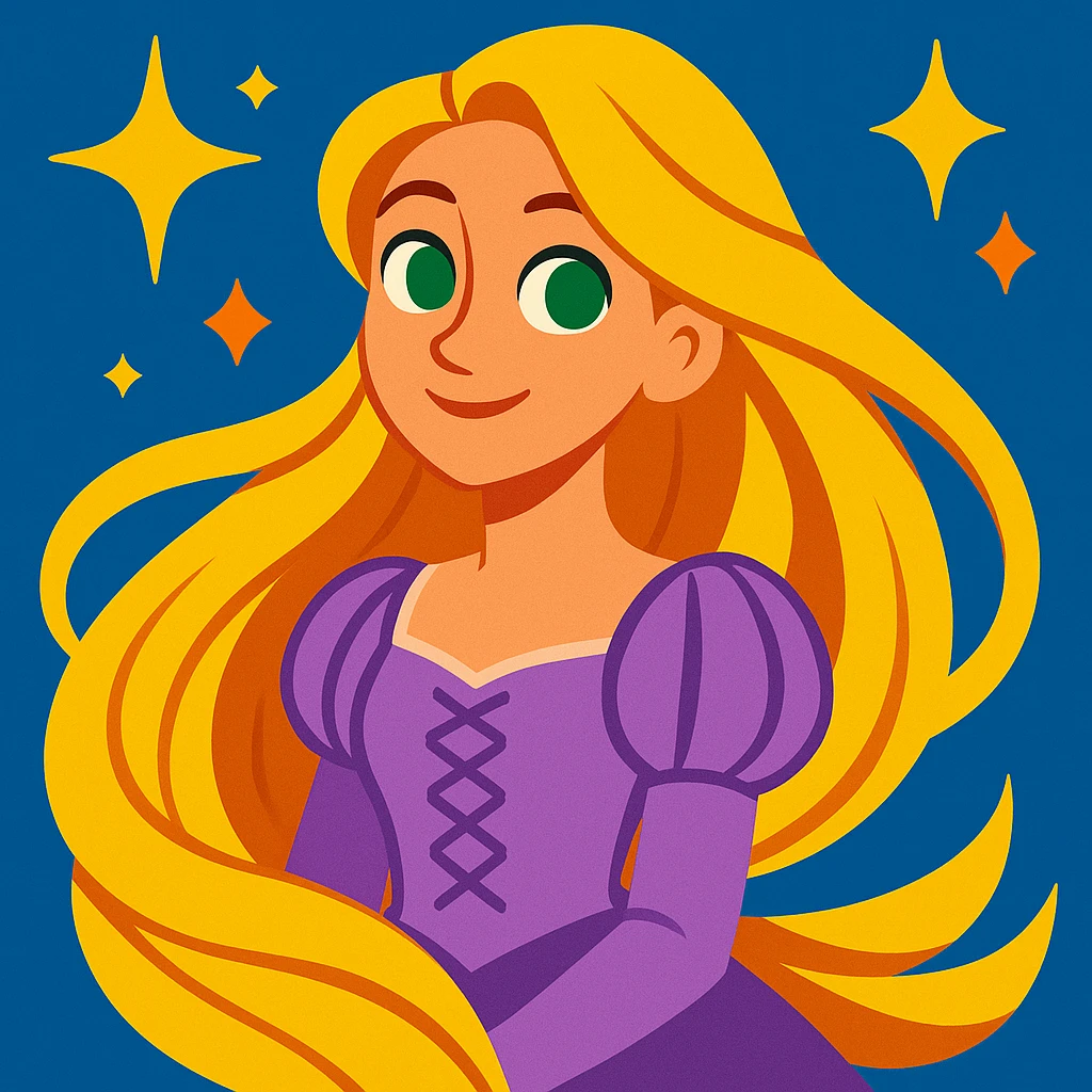 a Rapunzel-like girl, long flowing golden hair, lavender dress, bright green eyes, gentle smile, surrounded by sparkles, vibrant cartoon style emoji