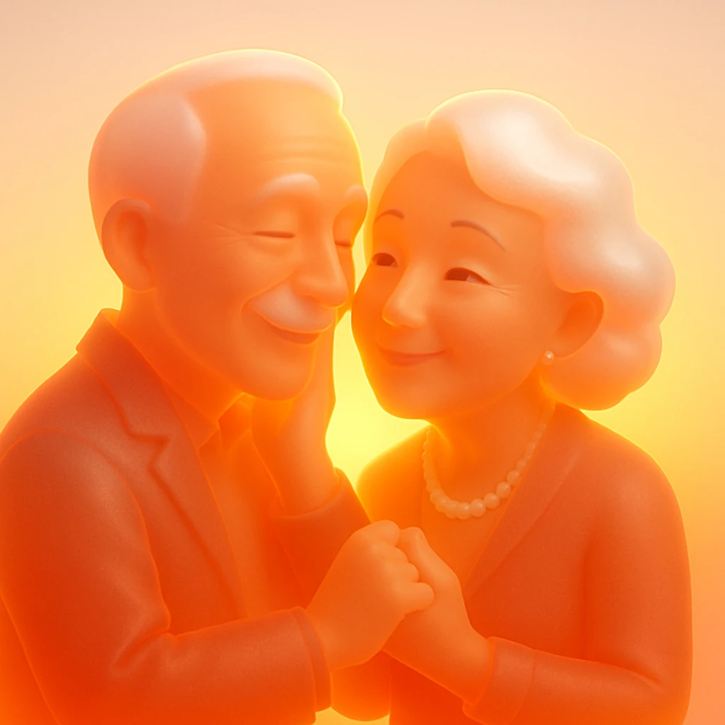 Add a vivid sunset background behind the elderly couple acting flirtatious and affectionate, keep realistic 3D style, warm lighting, joyful expressions, vibrant and warm sunset colors enhancing the romantic atmosphere. emoji