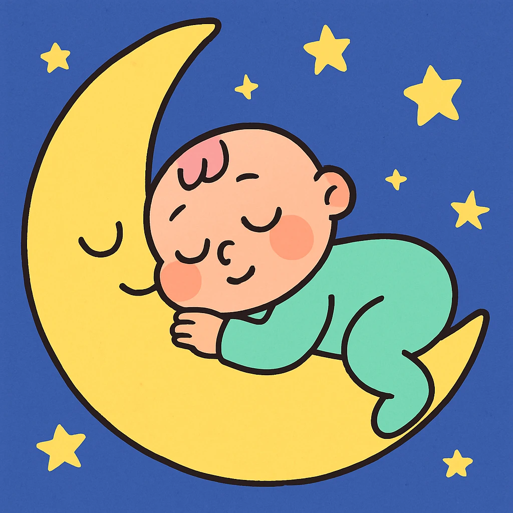 a cartoon baby sleeping on a crescent moon, stars in the background, cute and whimsical emoji