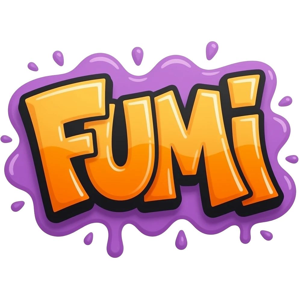 purple and oragne graffiti art work spelling "FUMI" with purple syrup splash around. no background emoji