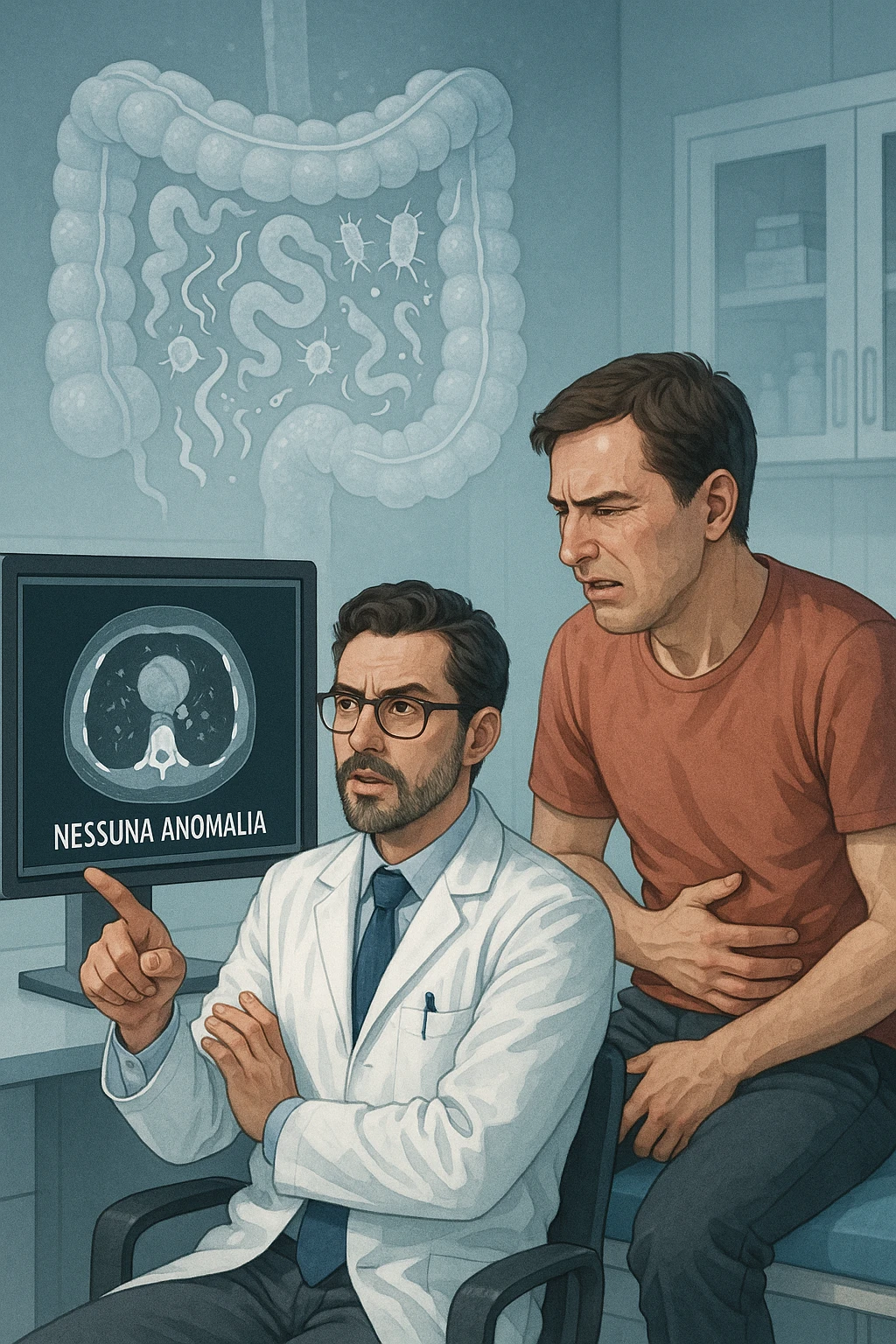 Medico in camice bianco in uno studio moderno, mentre osserva una TAC o ecografia su uno schermo con espressione convinta. Accanto a lui, un paziente seduto che lamenta dolori intestinali. Sullo sfondo, un’immagine traslucida dell’intestino pieno di piccoli parassiti stilizzati (vermi, protozoi), non visibili nel monitor medico. Il monitor mostra 'nessuna anomalia', ma dietro c’è la realtà invisibile. Atmosfera clinica ma con contrasto simbolico tra 'ciò che si vede' e 'ciò che sfugge'. Colori freddi, luce ospedaliera in italiano emoji
