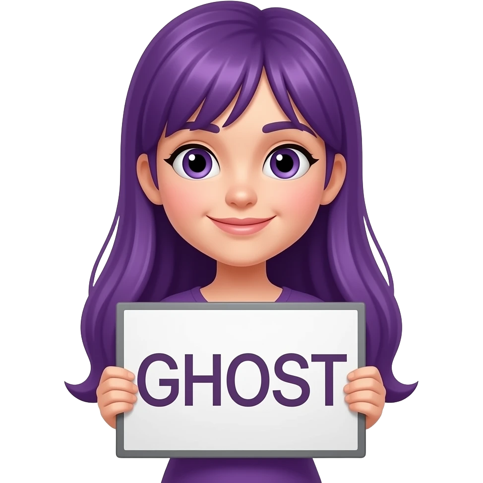 girl with long purple hair with a GHOST sign emoji
