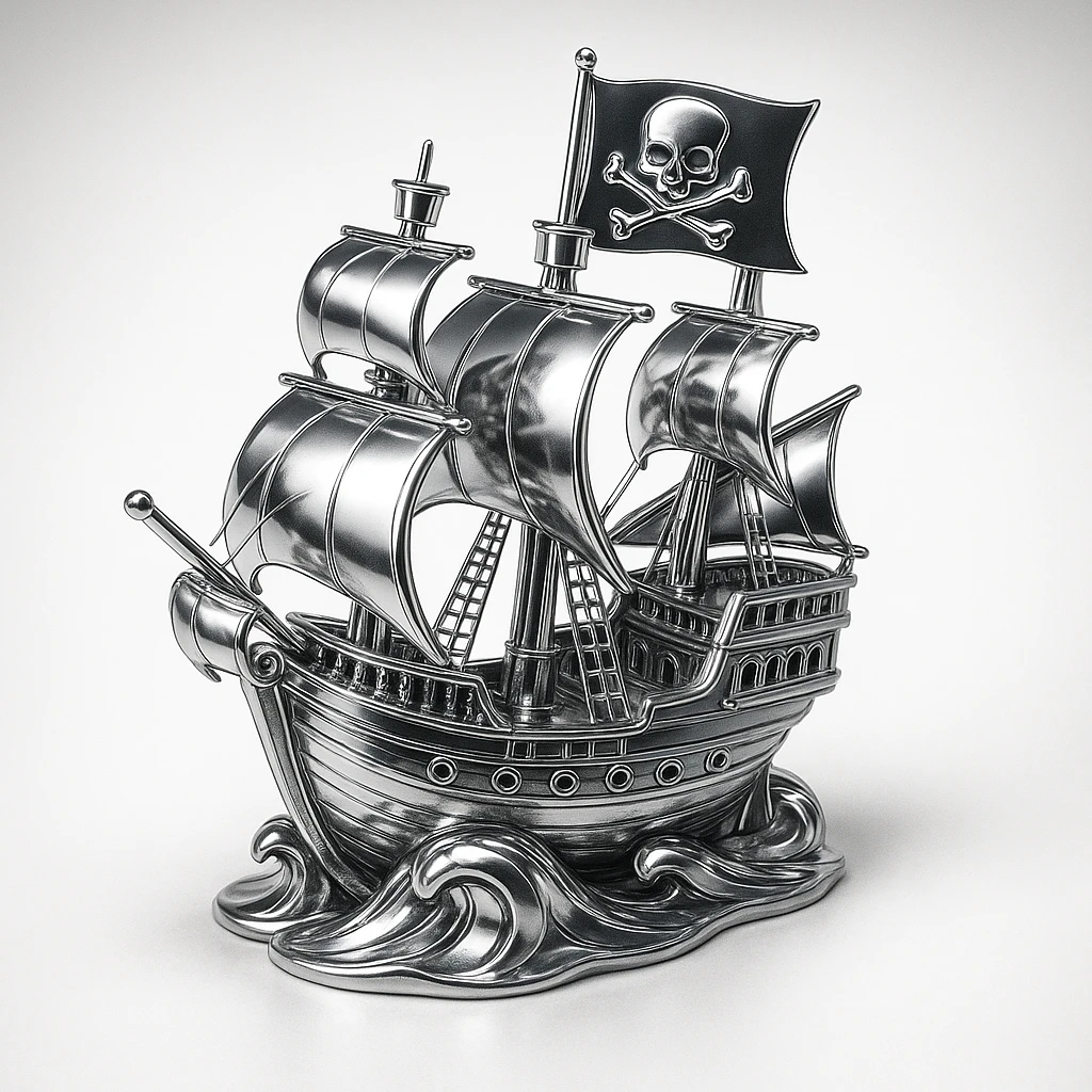 chrome style illustration of a pirate ship sailing at night with a flag displaying a stylized chrome skull and crossed bones emblem, shiny metallic chrome details on ship and flag emoji