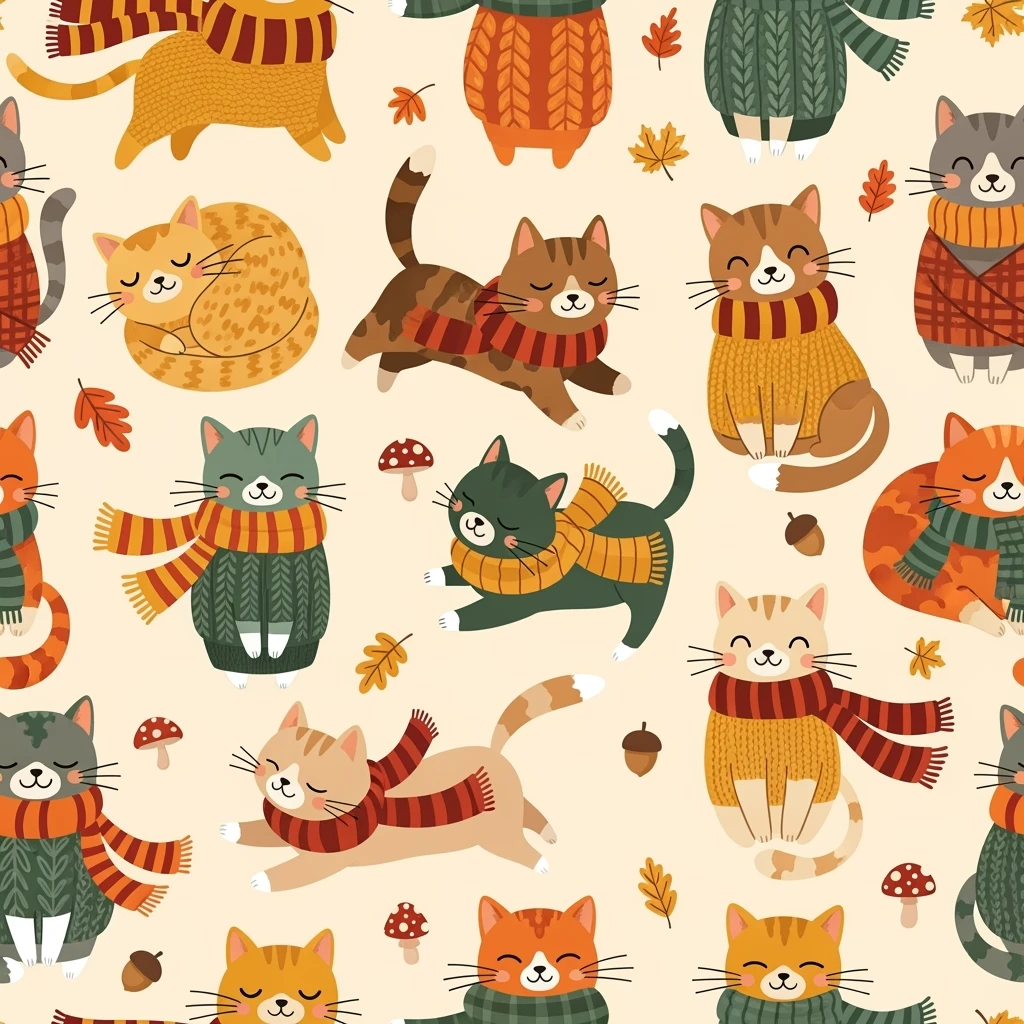 cute cats in scarves and sweaters, seamless pattern, autumn colors, warm and cozy vibe, playful cartoon style emoji