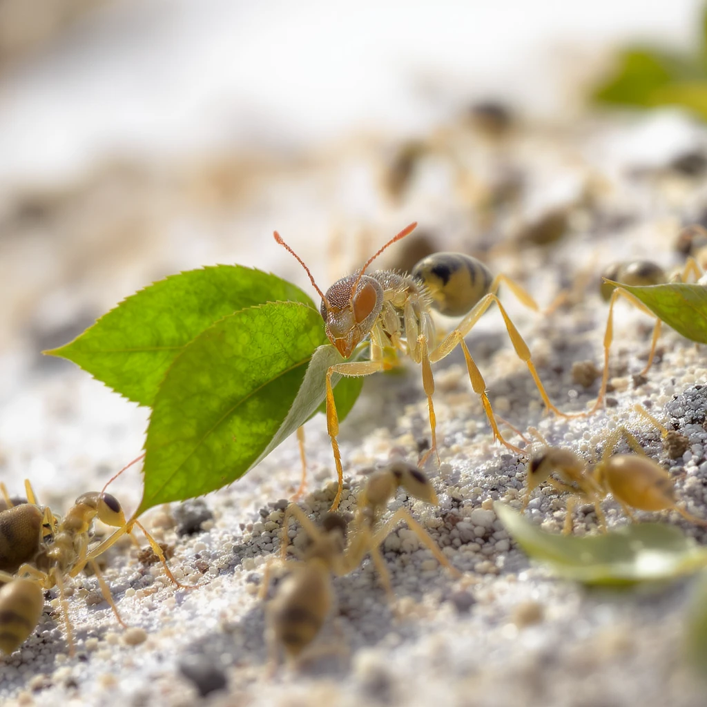 a group of leaf cutter ants carrying green leaves, realistic style, white background emoji