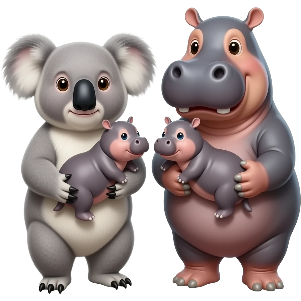 Koala and hippo holding their baby hippo Together in both of their arms emoji family realistic real emoji not cartoon emoji