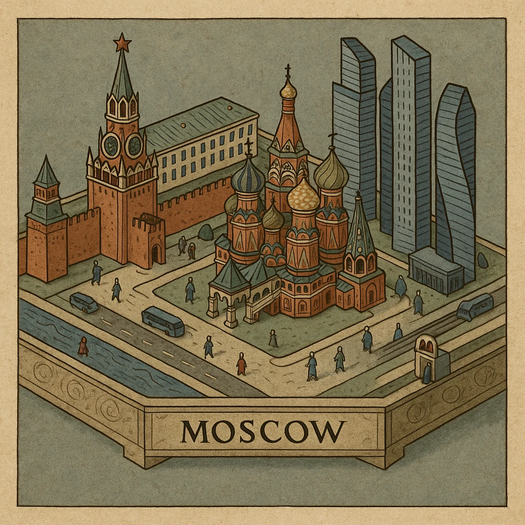 Изометричная миниатюрная 3D модель Москвы на подставке - фотореалистичный Кремль, собор Василия Блаженного, фотореалистичный Башни Москва-Сити, аккуратная детализация, яркие цвета, мультяшный реализм, гуляют люди и современный автотранспорт и метро, компактная композиция, вид сверху в изометрии emoji