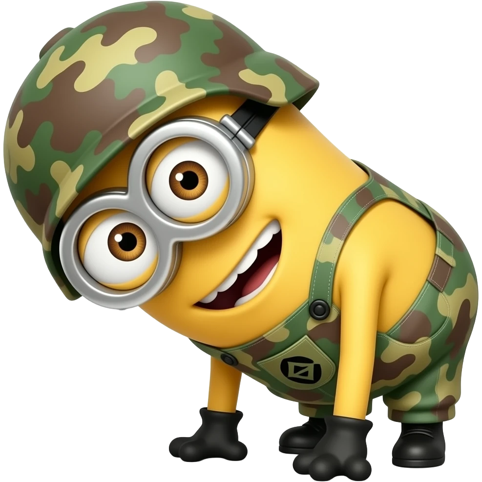 minion in army fatigues bend over here it comes again  text Bend Over Here It Comes Again emoji