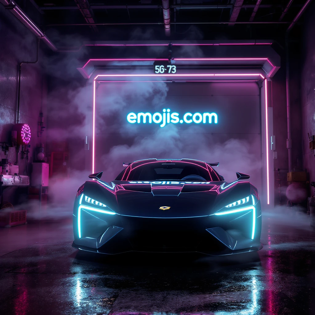 Cinematic still of a futuristic car parked front to camera inside neon garage with led behind saying "emojis.com", room fill with haze, very detailed and futuristic ,inspired by cyberpunk 2077 emoji