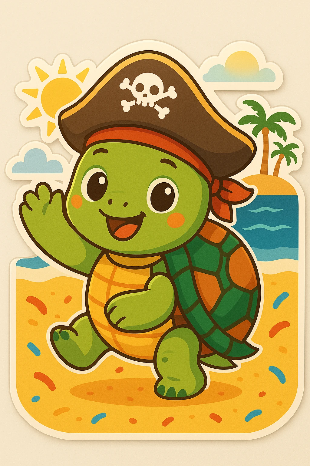 Switch the party hat to a pirate hat on the playful turtle on the beach, in a bright and cheerful chibi stickers cartoon style. emoji