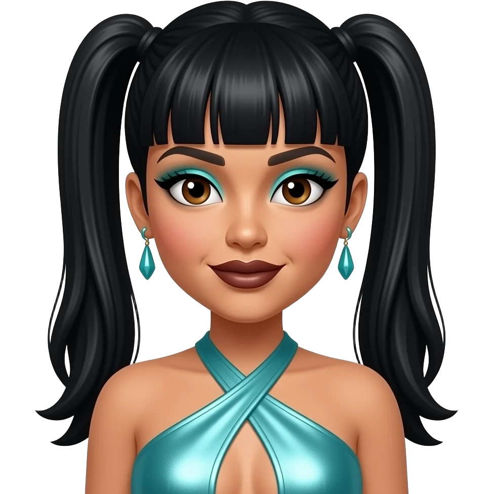 Lisa Left Eye Lopes from TLC with dark brown eyes, black straight three ponytail hair with bang, cyan eyeshadow, dark brown lipstick, cyan metallic halter dress, earrings emoji