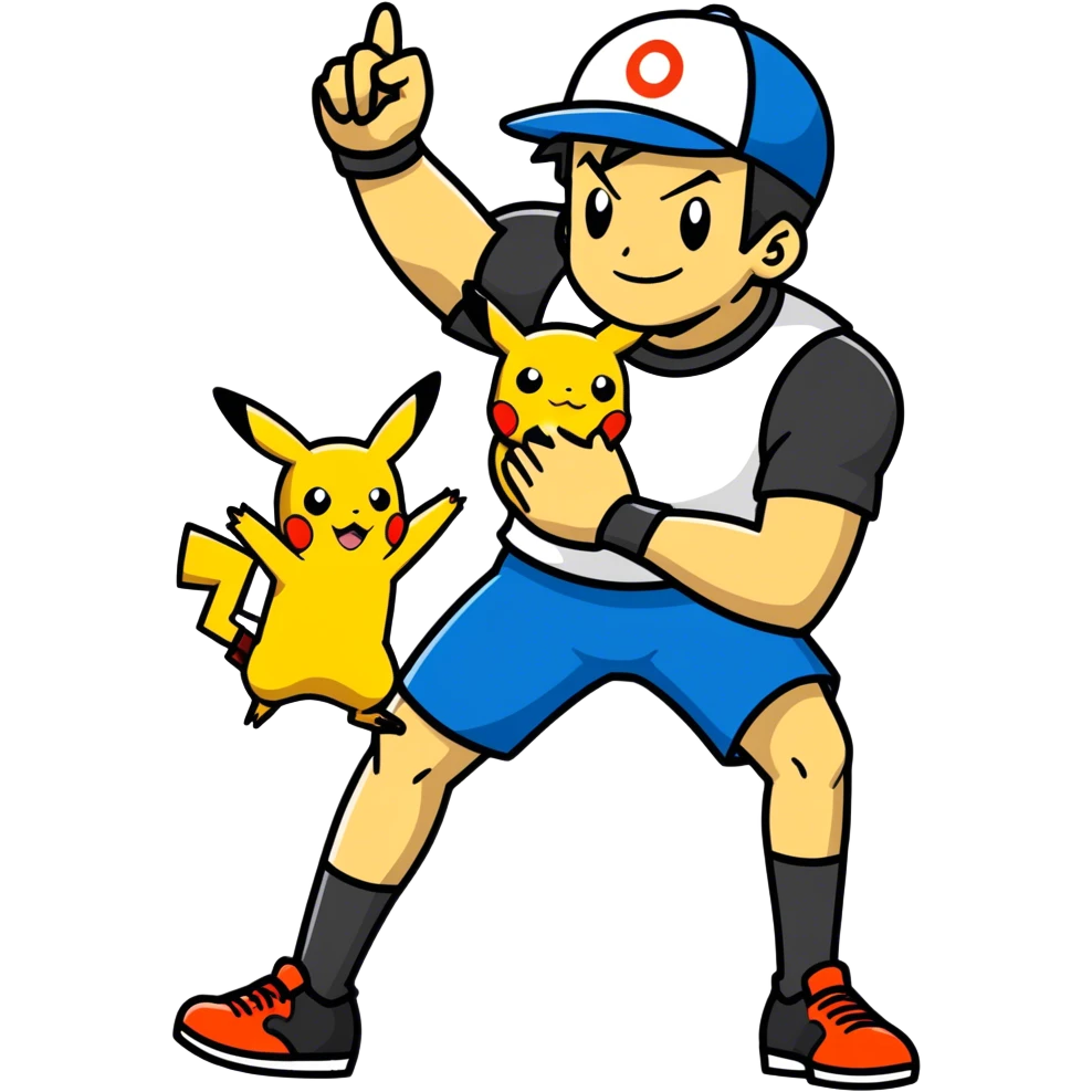 Hot handsomeb muscular 6ft tall smiling happy clean shaven Ash Ketchum playing football with Pikachu emoji