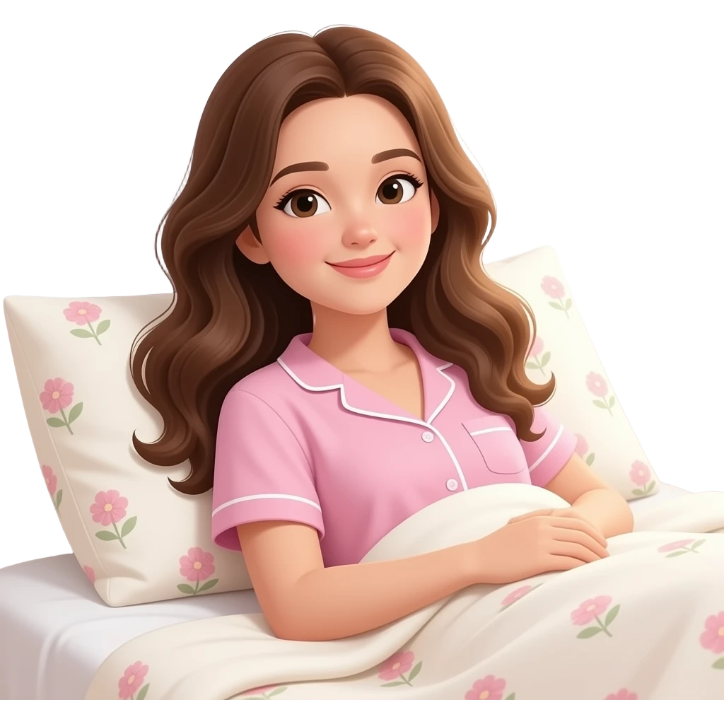 woman with brown long hair and pink sleeping top sleeping in a cream white bedding emoji