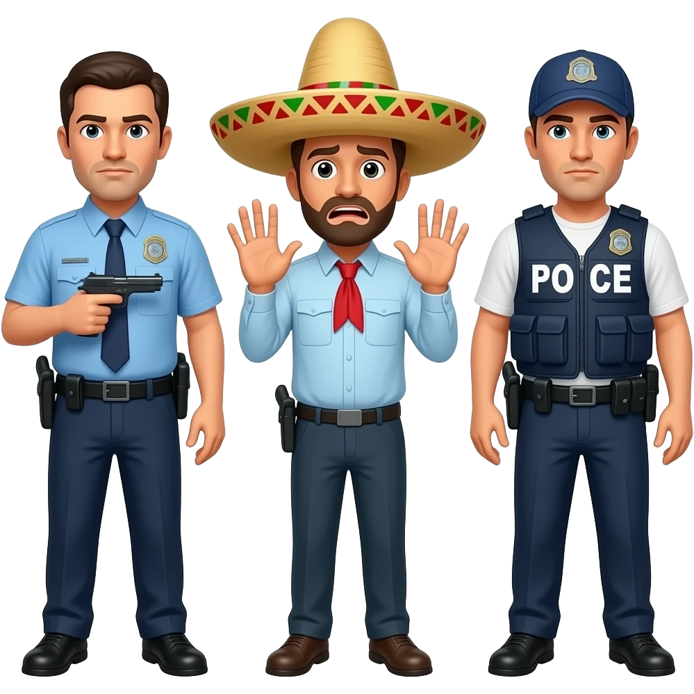 Hands up dont shoot scared mexican in a sombrero add a TSA agent with a gun add an ice agent with ICE vest too emoji