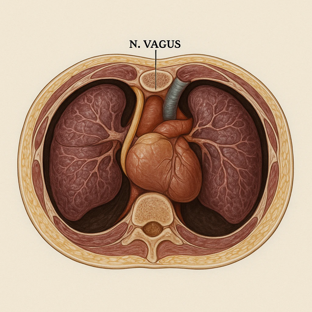 vagus nerve in transverse section of the thorax, hyper realistic 4K style, anatomical details, neutral background emoji