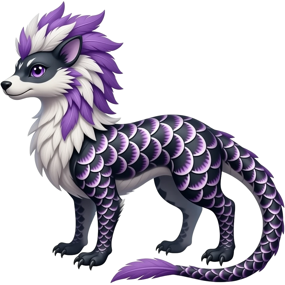 Scallops-patterned Slim stylish feather-maned elegant realistic Asian Furry, feathery fluffy tropical flecked painted feathery scaly, Purple, white, black, Minccino-Bambino-Lykoi-Linoone-Zangoose-fusion-hybrid-animal-Fakémon-creature, full body, thin long sleek scaly tail, intricate markings emoji