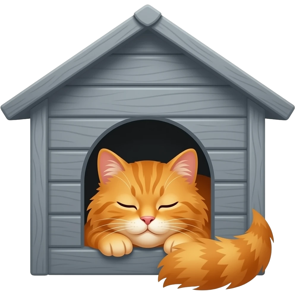 A fluffy long-hair orange Maine Coon is peacefully dozing inside a small grey wooden outdoor cat house, with just its head poking out of the entry hole, eyes closed in contentment. emoji