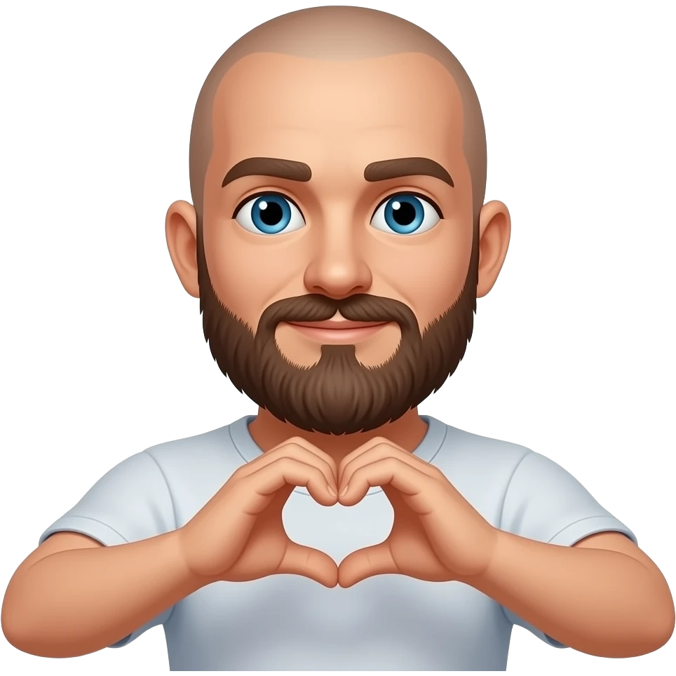 Homme barbu sans cheveux, yeux bleus qui fait le signe coeur emoji