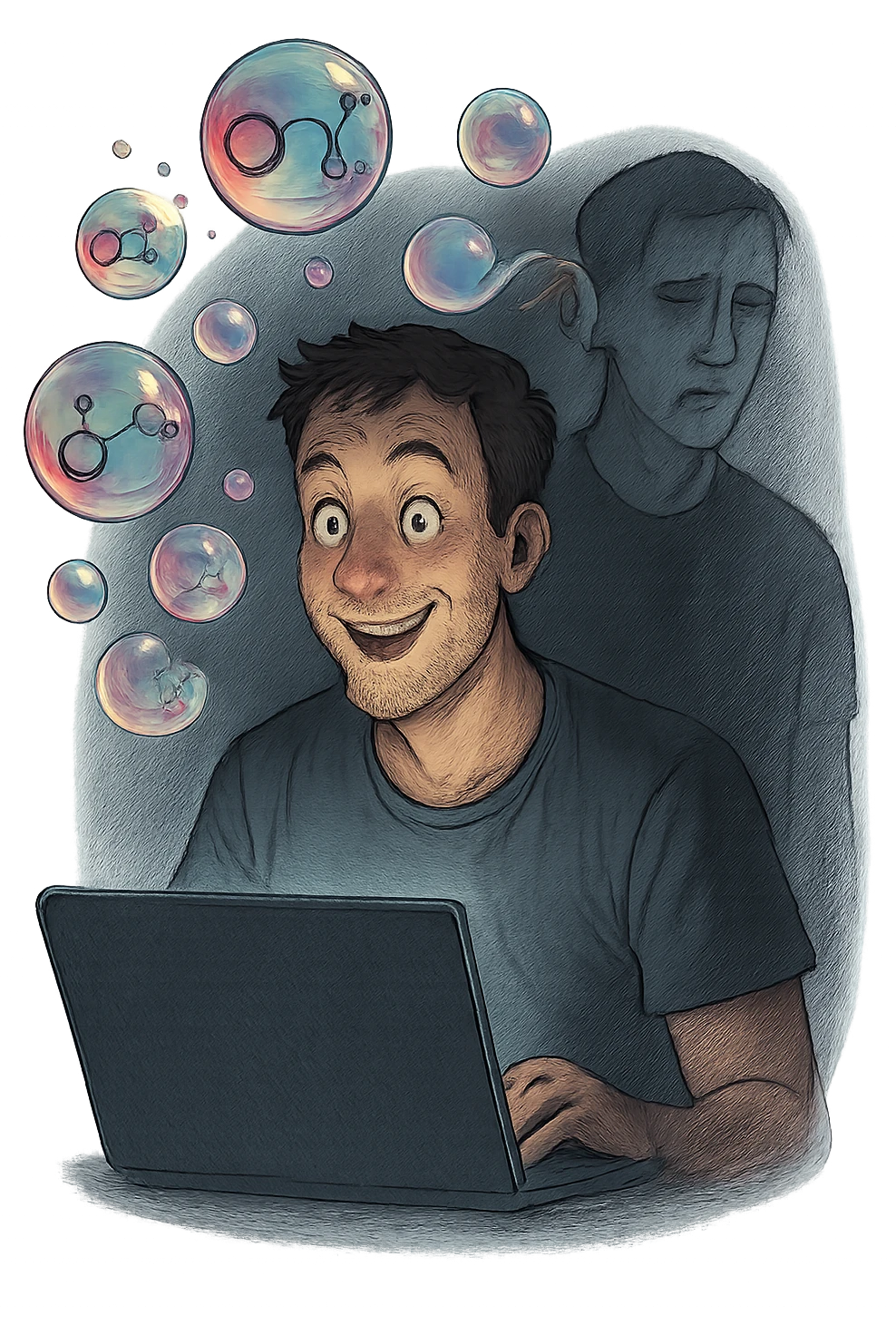 a man sits in front of a glowing screen, with colorful, artificial-looking dopamine molecules floating around his head like soap bubbles. Some bubbles pop and disappear quickly, symbolizing fleeting pleasure. In the background, a shadowy version of the man looks unsatisfied or empty, highlighting the temporary nature of the gratification. emoji