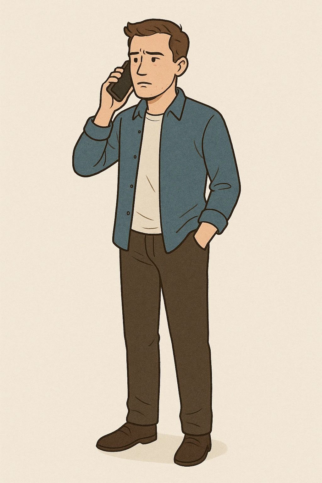 A man standing and waiting, holding a phone to his ear, looking slightly impatient, simple background. emoji
