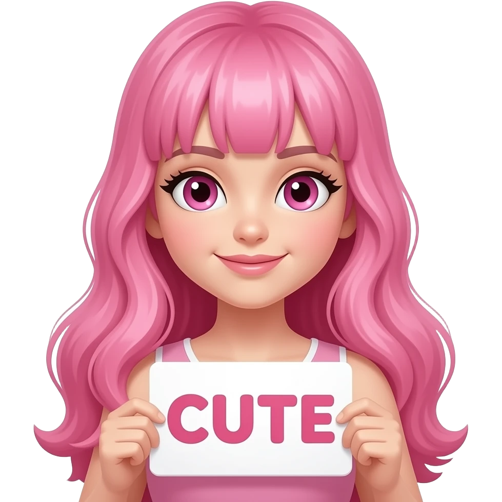 sexy girl with long pink hair and pink eyes wearing a holding a CUTE sign emoji