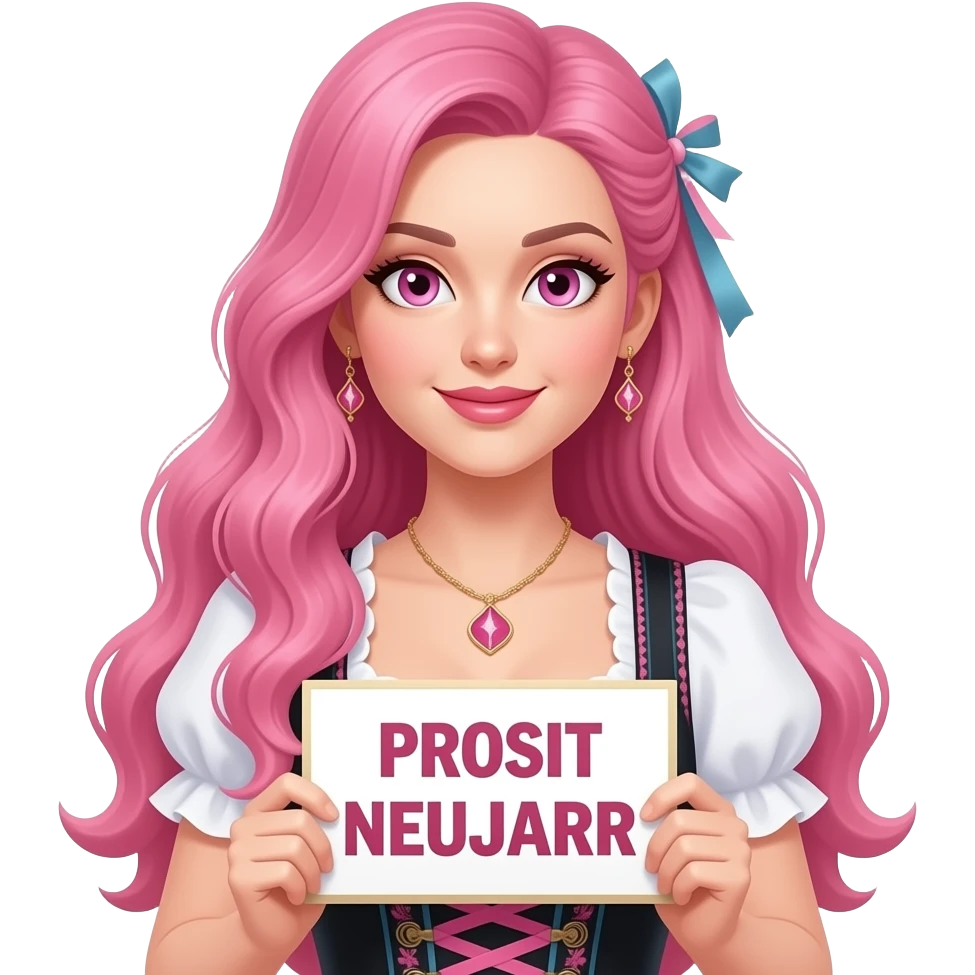 sexy girl with long pink hair and pink eyes wearing a dirndl holding a PROSIT NEUJAHR sign emoji