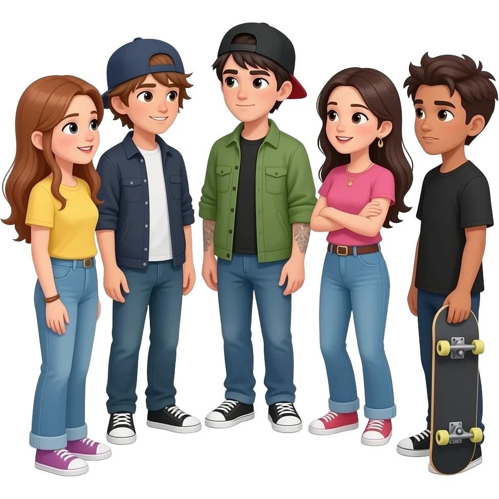 grupo de amigos jovenes hablando en ronda mirandose, 2 con pelo largo,2 mujeres, 2 varones. unx que use gorra, otrx que sea emo, otrx músico, otrx con patineta, otrx roñoso emoji