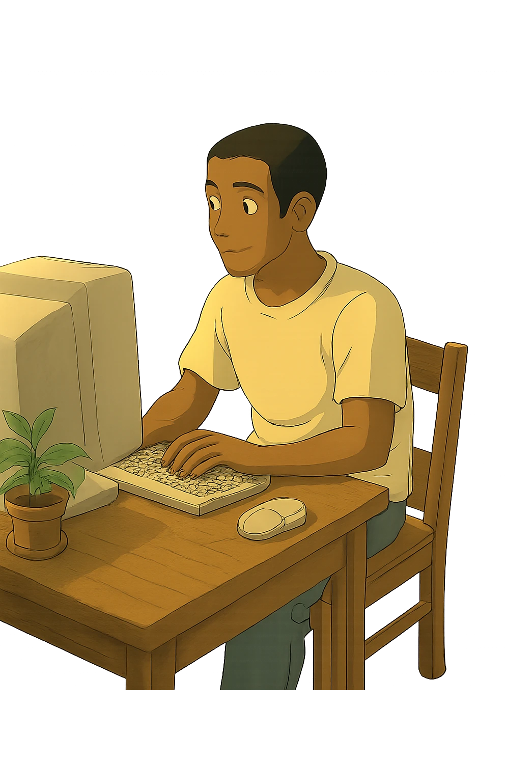 Remove the background, leaving only the main character, his desk, and his computer in Ghibli style with a transparent background. emoji
