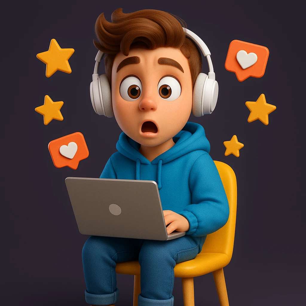 Create a detailed Generation Z character in a cartoonish 3D style with a surprised expression, wearing a blue hoodie, sitting on a yellow chair, holding a laptop and surrounded by floating icons of stars, likes and hearts.
The character should have stylised brown hair, large expressive eyes, white on-ear headphones and a soft, expressive Pixar-style look.
Depict the character in full, centred in the frame, with even studio lighting, soft shadows and a clean dark purple background for contrast. emoji
