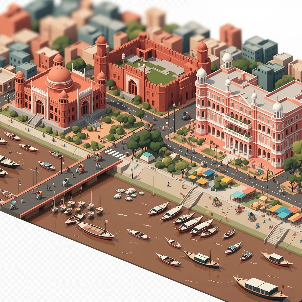 Isometric minimalistic illustration of Dhaka – Lalbagh Fort, Ahsan Manzil, bustling river boats, dirty colorful streets, subtle 3D miniature effect and Tilt Shift effect, no cartoonish look, transparent background. emoji